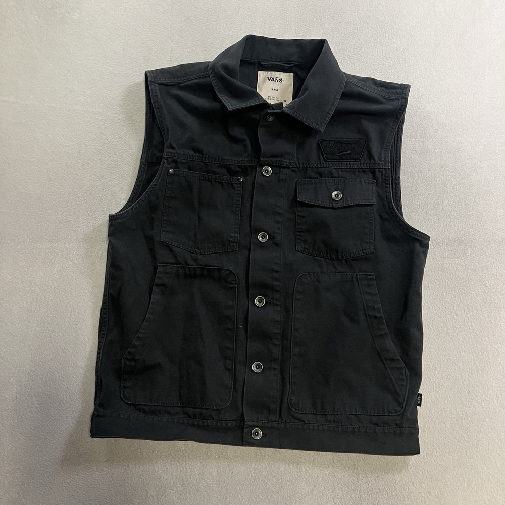 Vans Barclay Denim Vest Men's Size Large Black Metal Button Up Sleeveless Skater